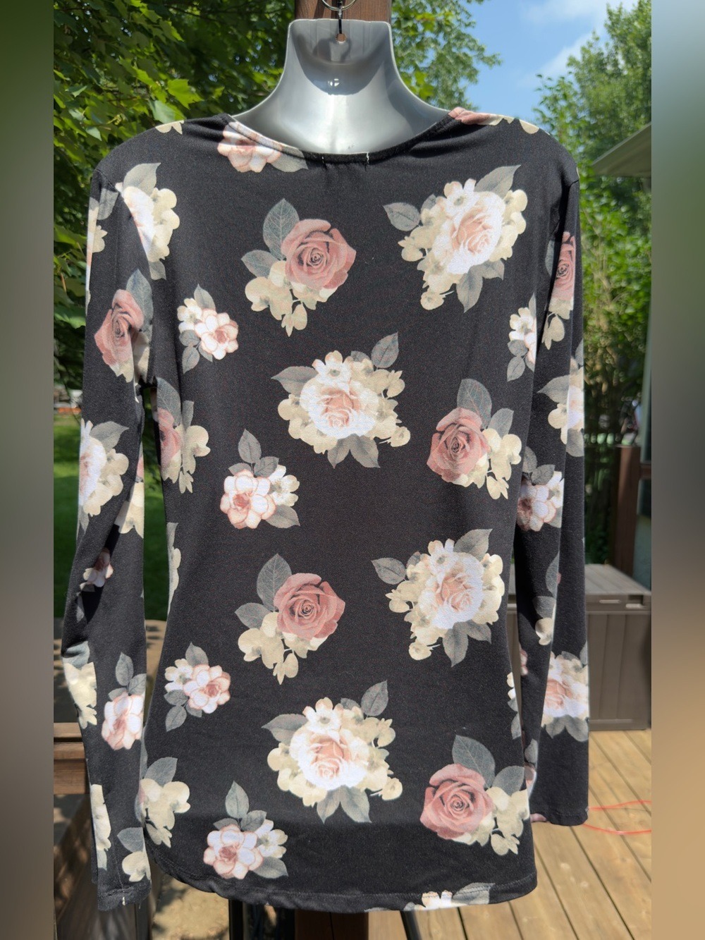 •Ardene Floral Lace-Up Long Sleeve Top Black Pink Rose Print Women’s | Large - Picture 7 of 11
